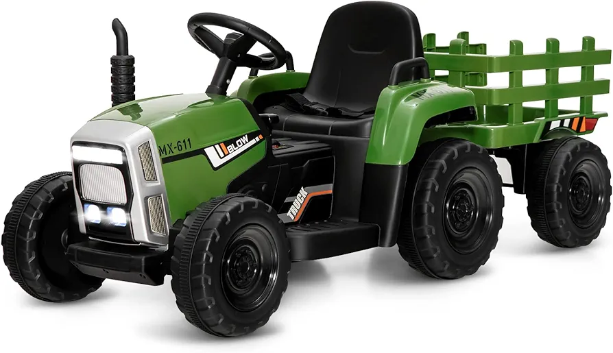 Costzon Ride on Tractor with Detachable Trailer, 12V Kids' Electric Vehicles w/3-Gear-Shift Ground Loader, Wireless Design & USB, 7 LED Headlights, Remote Control Tractor Toy for Kids 3+ (Dark Green)