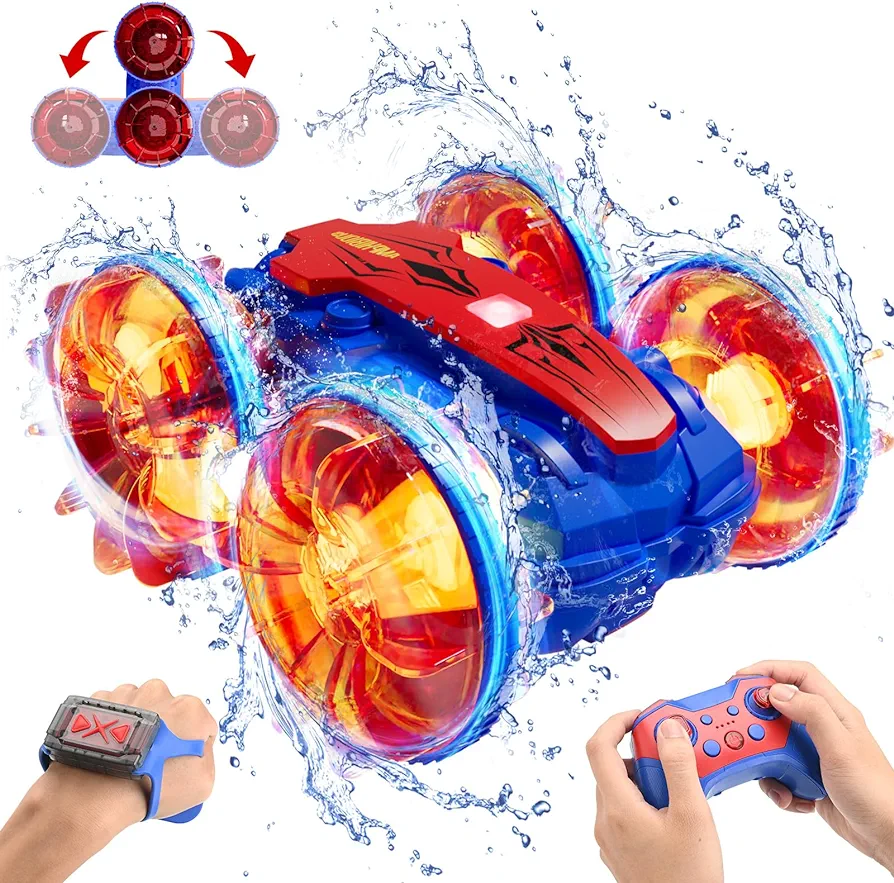 Remote Control Boat Car , Amphibious Gesture RC Boat Car 4WD Waterproof, RC Gesture Stunt Car with LED Lights, Water Beach Pool Toys for Kids Ages 4 5 6 7 8 9 10 11 12 Gifts for Boys Girls (Blue&Red)