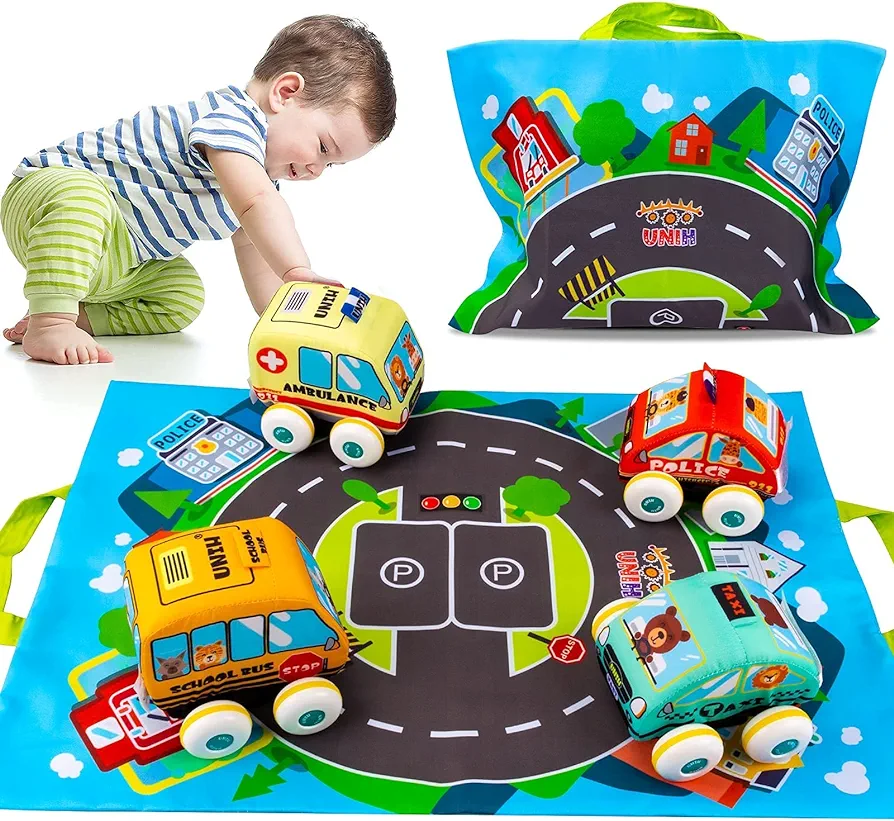 UNIH Car Toys for 1 Year Old Boy, Soft Baby Toys Set Pull Back Vehicle Car Set Birthday Toys for Baby Toddlers Age 1 2 3 Year Old