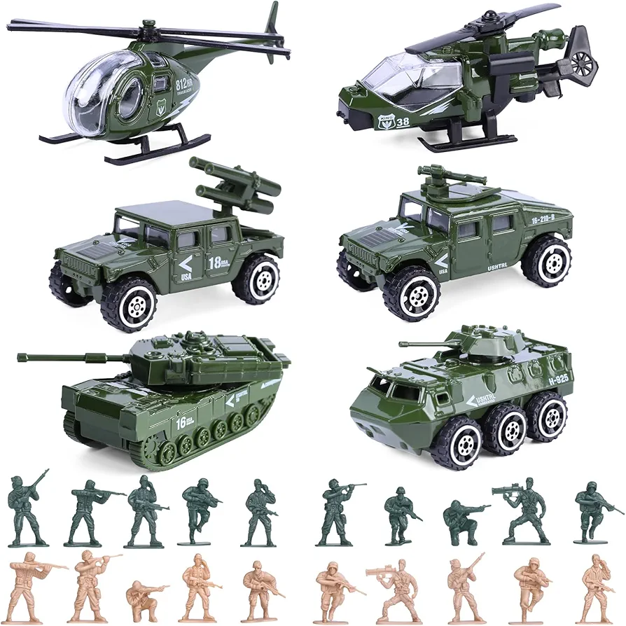 26 Pack Diecast Military Vehicles Set,6 Pack Assorted Alloy Metal Models Car Toys and 20 Pack Soldier Army Men,Mini Army Toy Tank,Panzer,Helicopter,Anti-Air Vehicle Party Favors for Kids