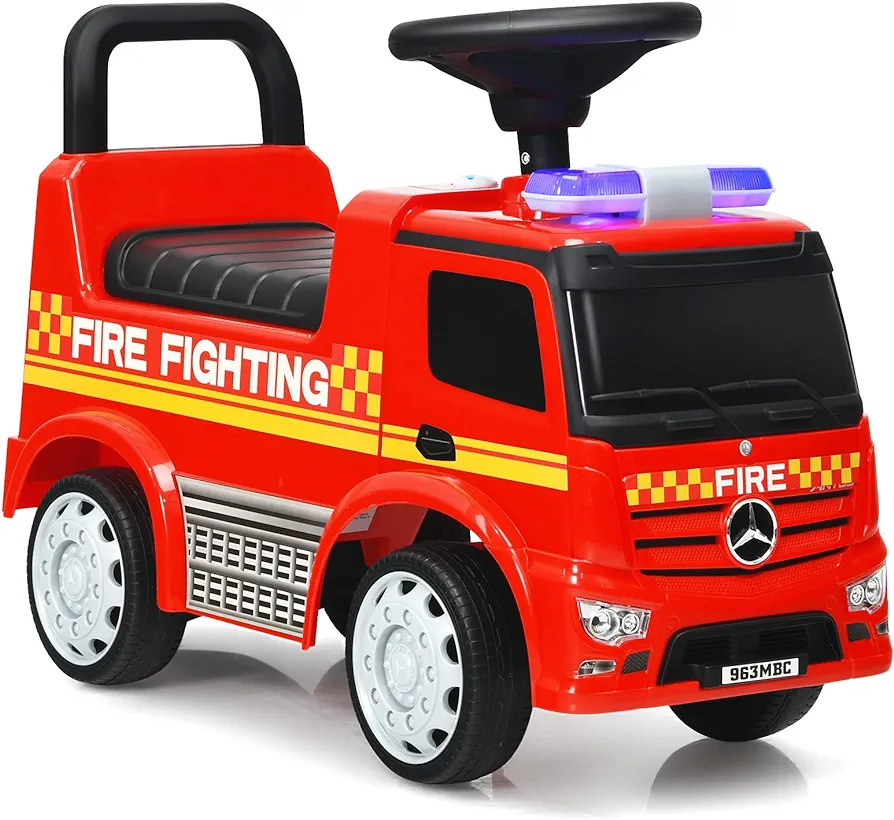 Costzon Ride On Push Car for Toddlers, Licensed Mercedes Benz Sliding Car w/Steering Wheel, Horn, Headlights, Under Seat Storage, Foot-to-Floor Riding Toy for Boys Girls 1-3 Years (Fire Truck, Red)