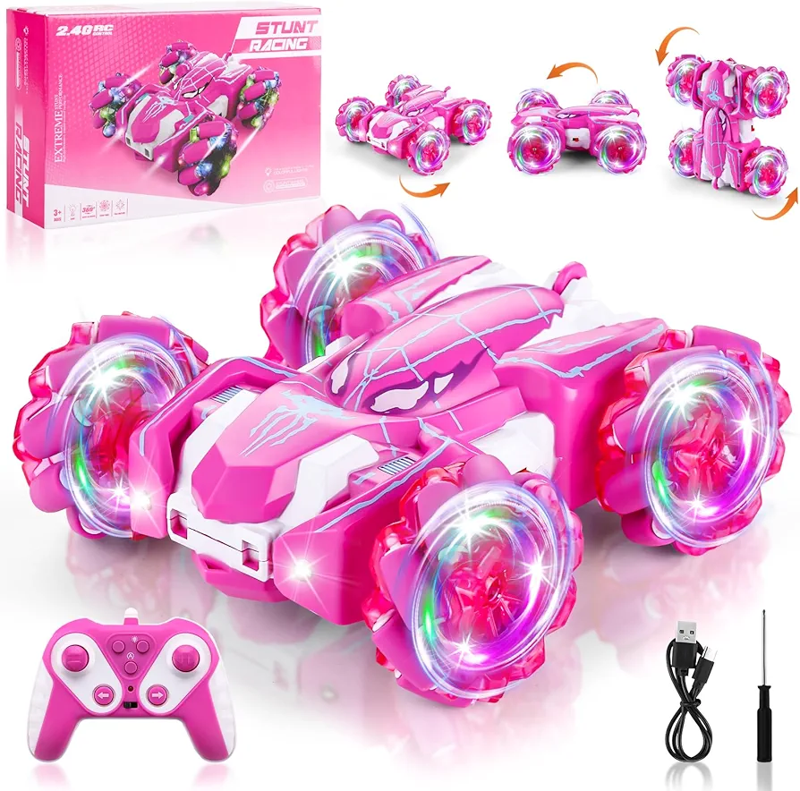 Spider Remote Control Car, 2.4Ghz Double Sided RC Cars with LED Light 360° Rotating RC Drift Car, 4WD Rechargeable RC Stunt Car Spider Toys for Boys 4-6 5-7 8-13 Girls Gifts Indoor Outdoor, Pink