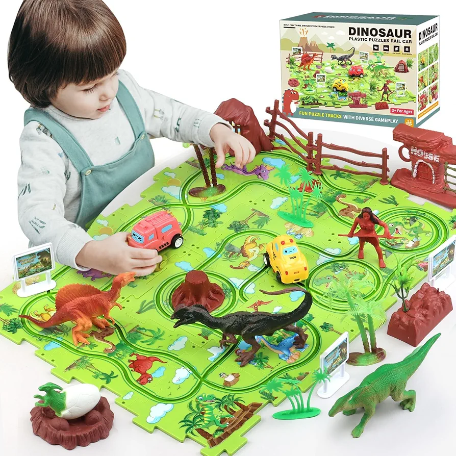 Dinosaur Puzzle Track Car Play Set for Kids Ages 3-5 5-7,Educational Puzzle Toys with 2 Railcars,Dinosaur Figures,Trees and Rocks，Plastic Puzzle Montessori Toys 3 4 5 6 7 Year Old Boys Girls Gift…