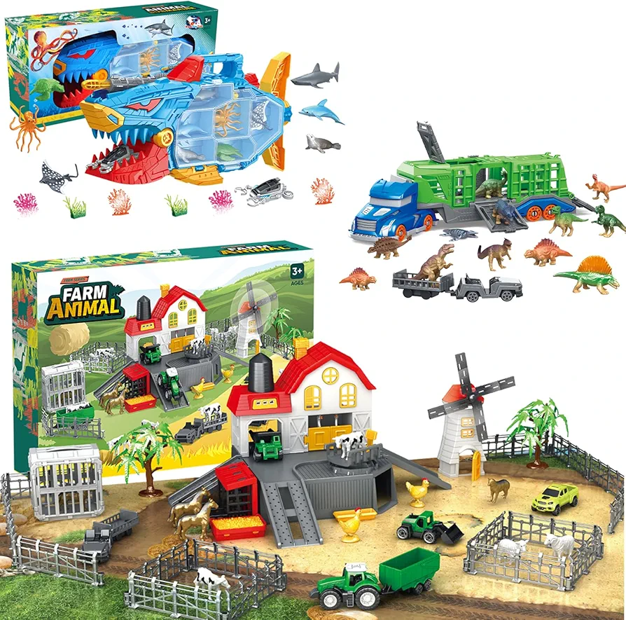 Ocean Animals Toys, Farm Playset Barn House with Animals Figurines, Dinosaur Truck Carrier