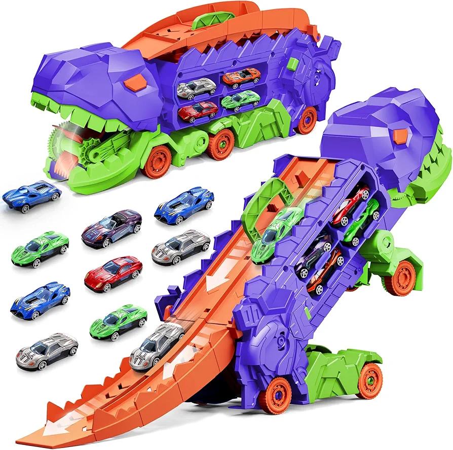 11 in 1 Dinosaur Toys for 3-7, Dinosaur Transport with 8 Mini Cars,City Dinosaur Ultimate Hauler Track toy, Transforms into stomping standing Toddler Toys gifts for kids 3 4 5 6 7+ Years old