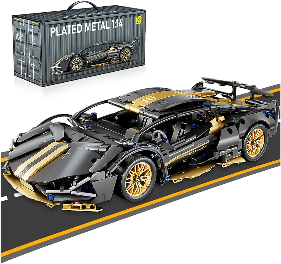 PinkBee Sport Car Building Block Sets for Adults,Black Race Car Collectible 1:14 Model Scale MOC Engineering Toys Kits Birthday for Men Teens Boys Car Fans Age 8+ 8-12 12 13 14 14+