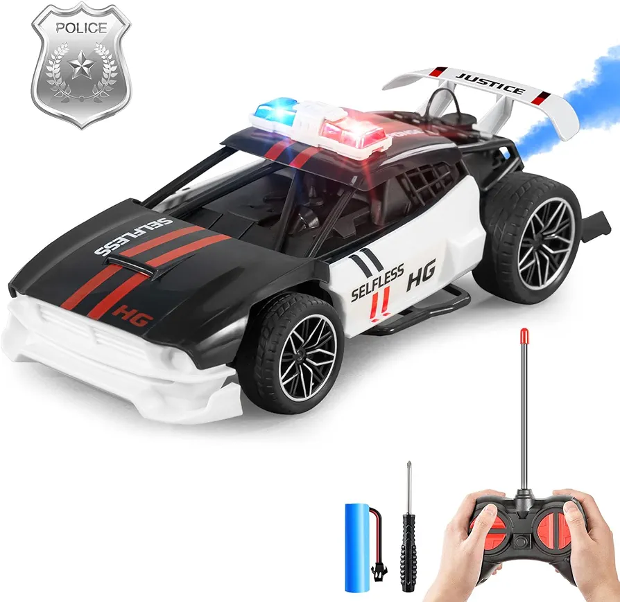 2024 Remote Control Police Car Toys with Rechargeable Batteries, 1:24 Scale Mini RC Cars for Kids with Light and Spray Unit, Christmas Birthday Gift for 3 4 5 6 7 8 Year Old Boys Girls (Black)