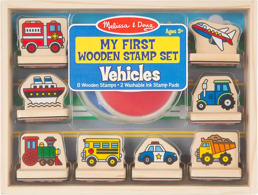 Melissa & Doug My First Wooden Stamp Set - Vehicles - Kids Art Projects, Stamps With Washable Ink, Vehicle Toys For Kids Ages 4+