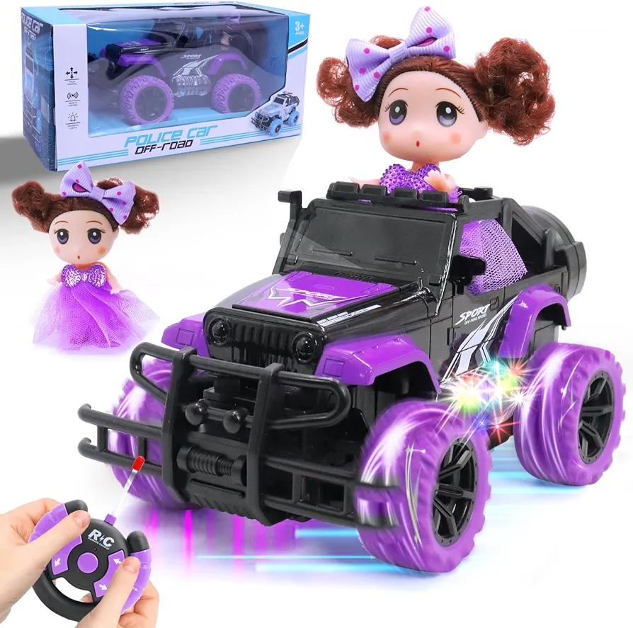 Remote Control Car，Girls Off Road Rc Car，1:20 Scale RC Car for Ages 3-10 Years Old Kids, with Doll and LED Headlights Jeep Off-Road Monster Trucks Toys Birthday Christmas Valentine's Day Gifts(Purple)