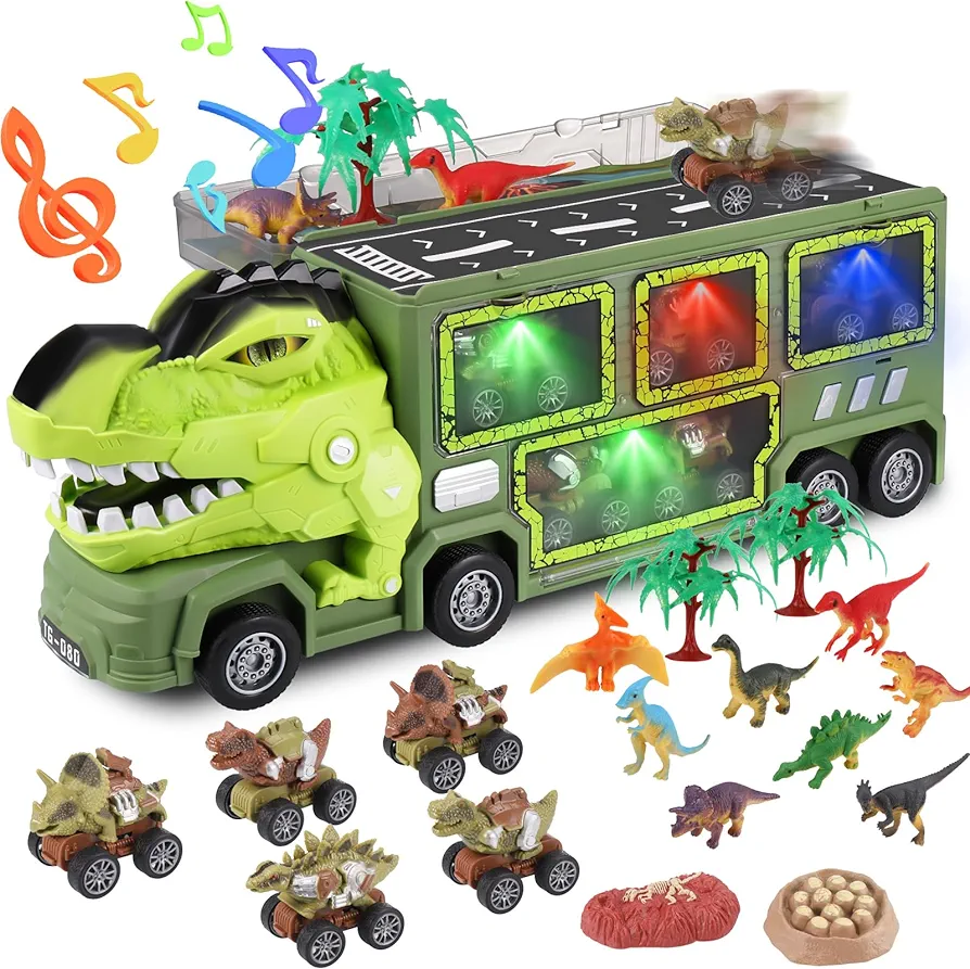 21 in 1 Dinosaur Truck Toys for 3 4 5 6 7 Year Old Boys Girls - T-Rex Transport Car Carrier Truck with 5 Pull Back Dinosaur Cars and 9 Dino Figures, Kids Birthday Christmas Toy Gift w/Light & Music