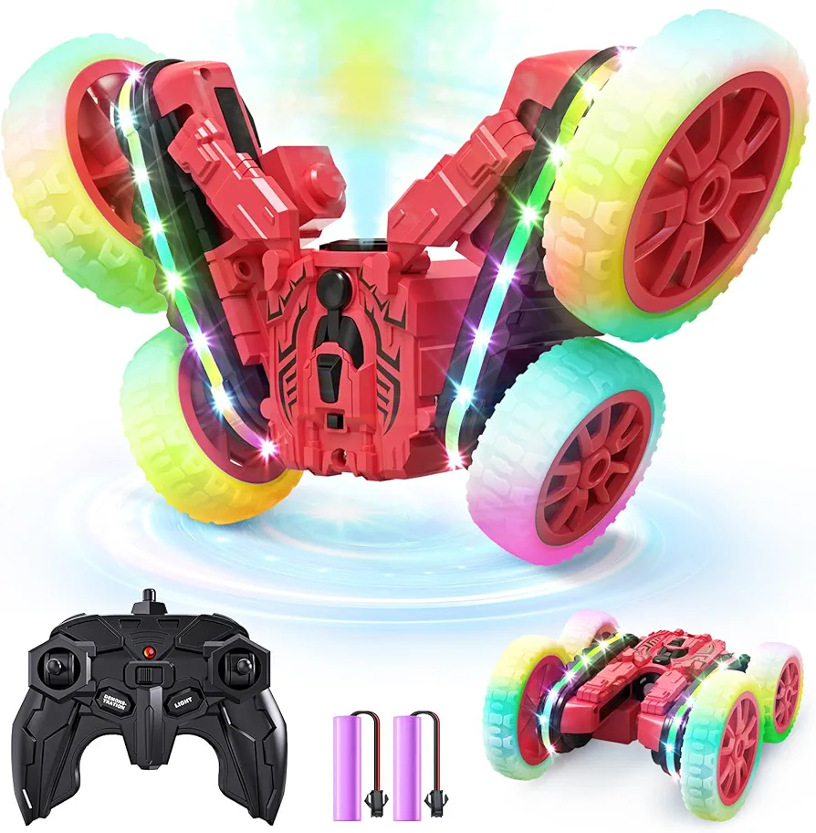 Remote Control Car,RC Cars with Sides Light and Headlights,360°Rotating 4WD Off-Road RC Stunt Car,2.4Ghz All Terrain Toy Car for Boys Age 4-7 Kids Toy for 8-12 Boys Girls Birthday Gift(Red)