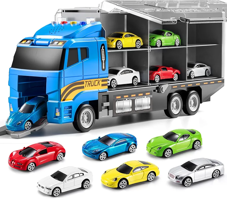 TEMI Transport Cars Carrier Set Toys w/Play Mat, Die-cast Vehicles Truck Alloy Metal Race Model Car Toys for Toddler Age 3-9 Kids Boys & Girls