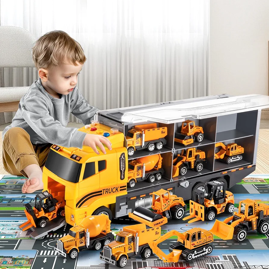 Toddler Toys for 3-9 Years Old Boys, Construction Toys Car Transport Vehicle W/Play Mat, Die-cast Alloy Engineering Vehicle Gifts for Age 3 4 5 6 Kids Child Boys Girls Birthday Party Favor