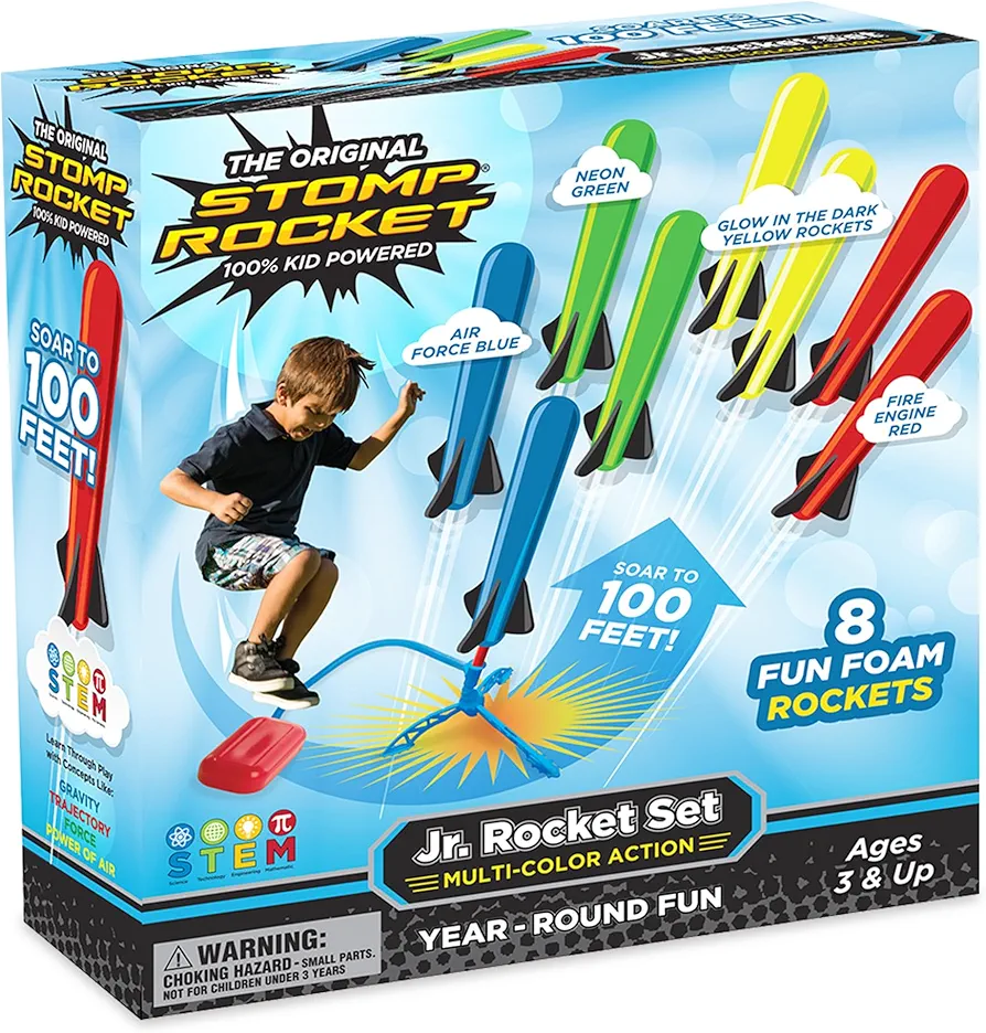 Stomp Rocket Jr Multi-Color Rocket Launcher for Kids, 8 Rockets - Fun Outdoor Kids Gifts for Boys & Girls - STEM Toy Foam Blaster Set Soars Up to 100 Feet - Ages 3 & Up