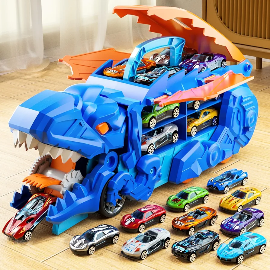 iHaHa Toddler Truck Toys for 3 4 5 6 Years Old Boys, Toys Cars Track Set Dinosaur Transporter Truck with 10 Die-Cast Car Toys, Transforms into Dino, Toddler Car Toys Set for Kids Boys Girls