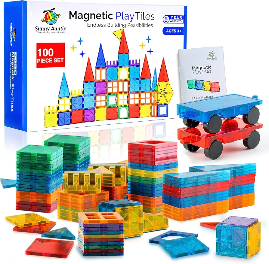 Magnetic Tiles 100 PCS with 2 Cars, Magnetic Tiles for Kids & Toddlers, Toy for 3 4 5 6 7 8 Year Old Boys & Girls, Gift Box