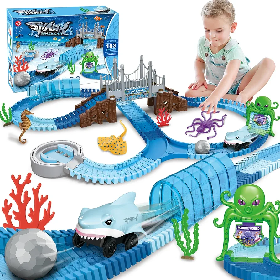 VATOS Track Toys 183 Pcs Shark Race Car Toys for Boys Girls 3 4 5 6 7 9 Year, Bendable Flexible Racetrack Cars with Shark & Ball, Ocean Theme Train Toys, STEM Educational Playset Birthday Gift