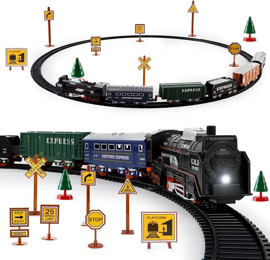 deAO Train Set with Light for Kids, Cargo Cars and Long Track for Boys & Girls Aged 3-12, Train Toys Railway Kits with Signposts & Trees, Electric Train Race Track Playset,Great for Birthday & Xmas