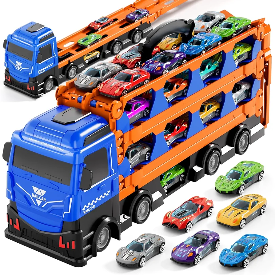 78-Inch Cars Trucks Toys for Toddler 1-3 2-4 3-5 4-7 Years Old Boys Kids, Transport Truck Toys with 24 Pcs Die-Cast Cars, Toys Gifts for 3 4 5 6 Year Old Boys, Toddler Boy Toys Ages 3-5 4-7