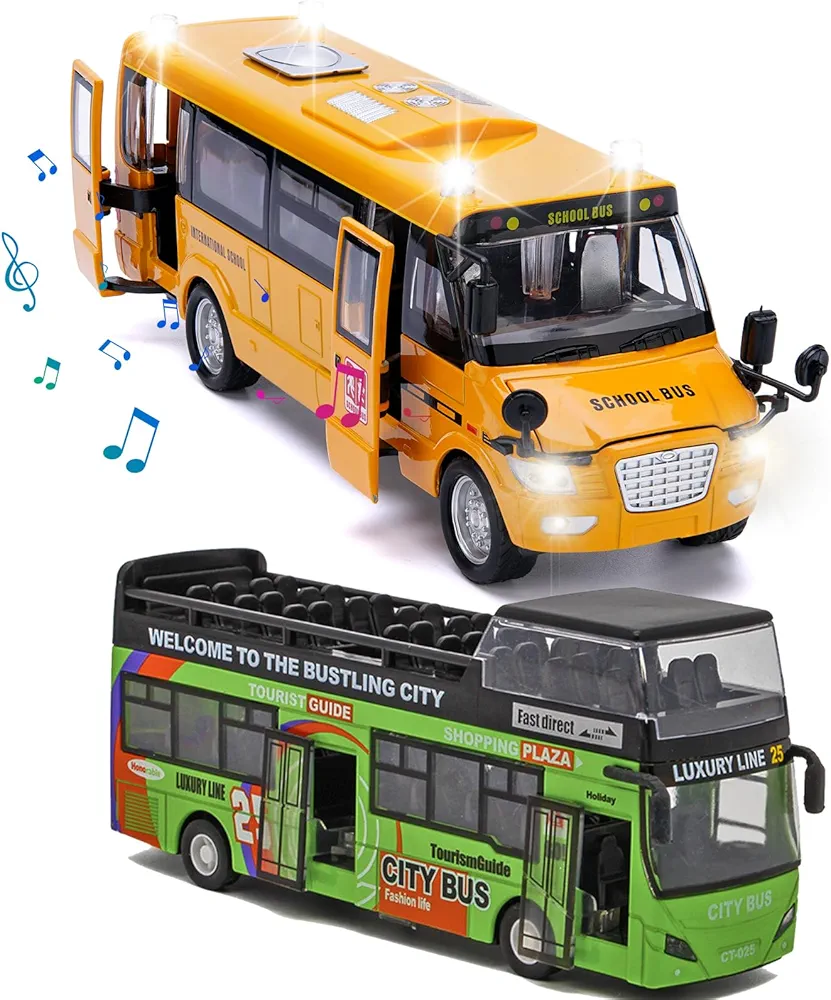 School Bus Toy with Light and Sound & City Bus Toy Car Die Cast Sightseeing Double Decker London Bus