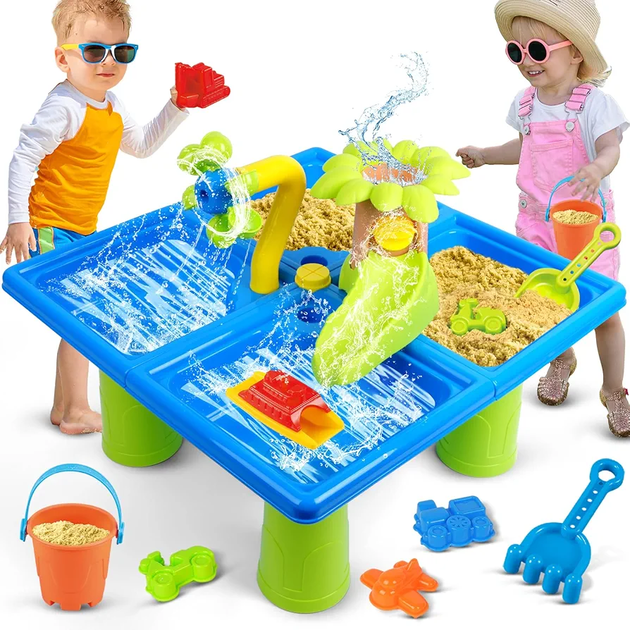 Water Table for Toddlers 1-3, 4-in-1 Outdoor Play Table Rain Showers Splash Pond Toys, 24 PCS Sensory Activity Sand Table, Kids Outside Backyard Summer Beach Toys for Boys Girls Age 3 4 5 6