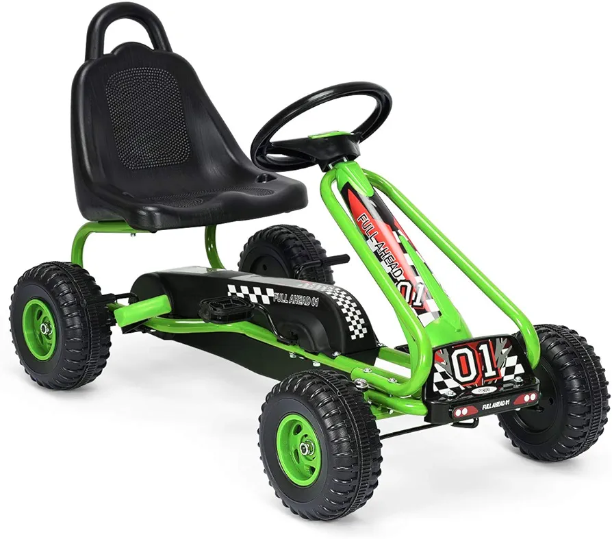 HONEY JOY Go Kart for Kids, 4 Wheel Pedal Powered Go Cart with Steering Wheels & Adjustable Seat, Safety Hand Brake, Non-Slip Tires, Outdoor Off-Road Racer Ride On Pedal Car for Boy Girl (Green)