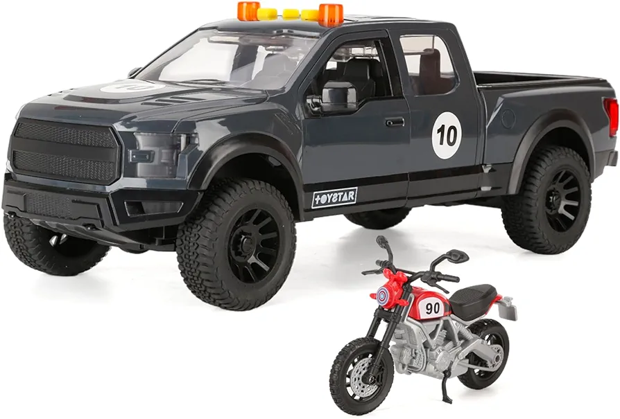 SASBSC Toy Pickup Trucks for 3 4 5 Year Old Boys 1:18 Friction Power Truck Toy with Motorcycle Plastic Big Trucks with Lights and Sounds Gift Toy Cars for Kids Ages 3-5 …