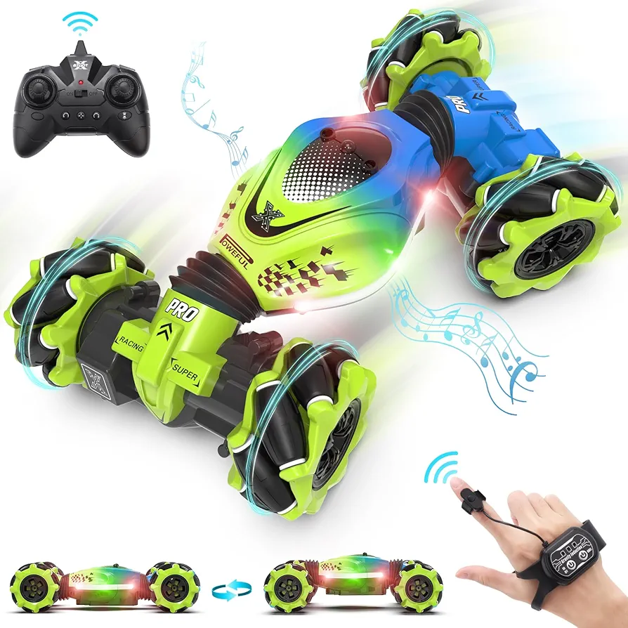 Pristar Gesture Sensing RC Stunt Car, RC Cars Toys for Boys Girls 6-12, 2.4Ghz 4WD Remote Control Car with Lights Music Double Sided Flip 360° Rotate Off-Road, Birthday Xmas Gifts for Kids Age 6-12