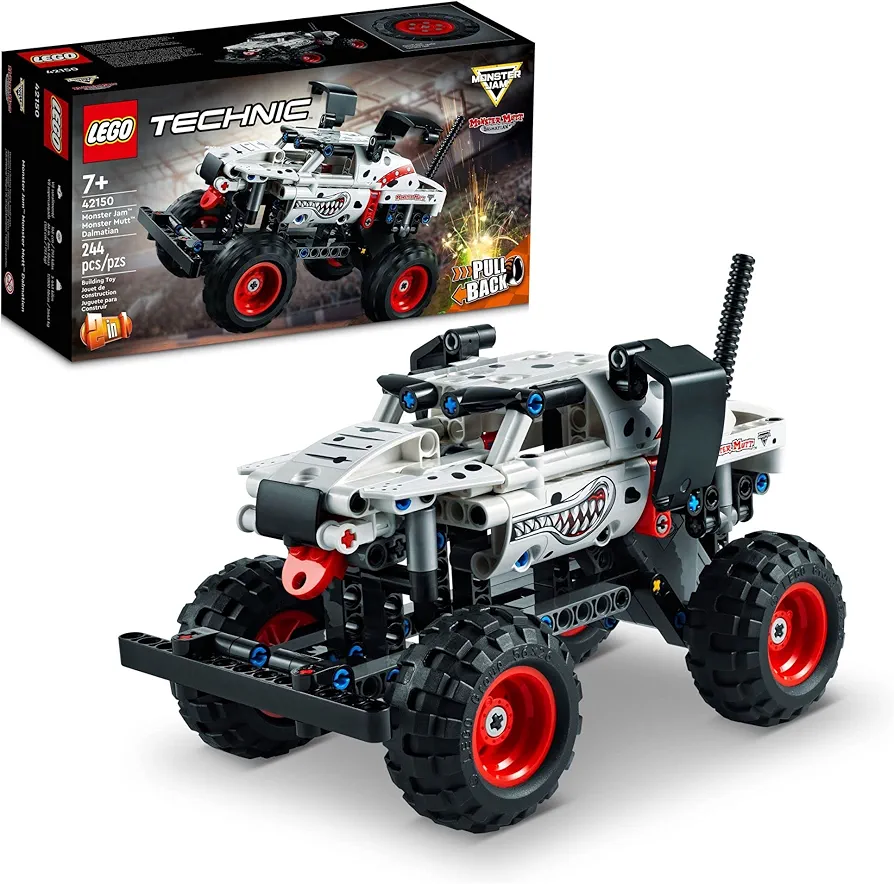 LEGO Technic Monster Jam Monster Mutt Dalmatian, 2in1 Pull Back Racing Toys, Birthday Gift Idea, DIY Building Cottage House Toy, Monster Truck Toy for Kids, Summer Toy for Boys and Girls 7-11, 42150