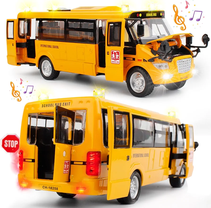 CORPER TOYS School Bus Toy Die Cast Vehicles Yellow Large Alloy Pull Back 9'' Play Bus with Sounds and Lights for Kids