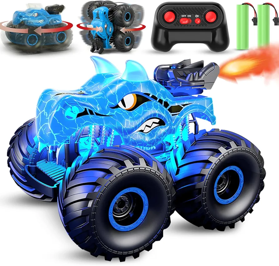 Scientoy Remote Control Car, 360° Rotating RC cars for boys 4-7 with Spray, Light & Sound, 2.4 GHz All Terrain Monster trucks, Dinosaur Toys for Kids 3 4 5 6 7 8 with 2 Batteries, Gifts for Boys Girls