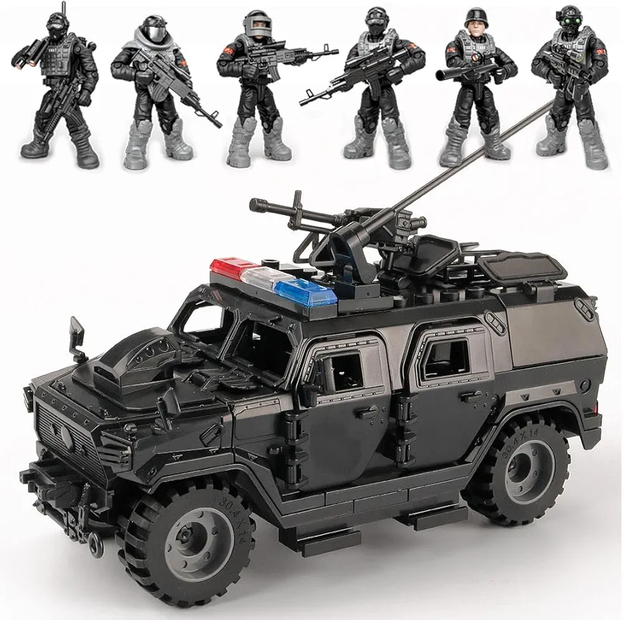 Building Block Armored Vehicle with 6 Army Figures Brick Military Vehicle Building Toy for Age 6 7 8 9 10 11 12+, Army Battle Building Kit, Army Car Model Toys Gifts for Boys