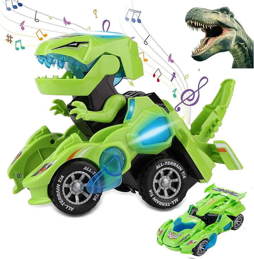 Transforming Toys, 2 in 1 Transforming Dinosaur LED Car Dinosaur Transform Car Toy Automatic Dinosaur Dino Transformer Toy Car Lamps for Kids,Toddlers ( Ages 3-12, Green)