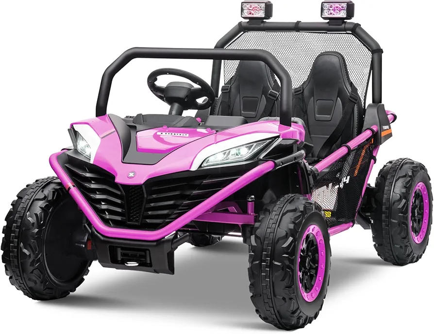 24V 2 Seater10AH 4WD Ride on Cars, Off-Road Kids Electric Vehicles with Remote Control, Bluetooth, Max Speed 6 MPH, Soft Start, Spring Suspension,Purple Pink