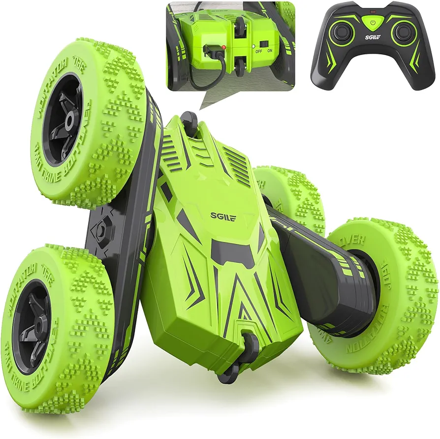 SGILE RC Stunt Car Toy Gift, 4WD Remote Control Car with 2 Sided 360 Rotating Rc Car for Kids Girls Boys Age 6 7 8 12, Green