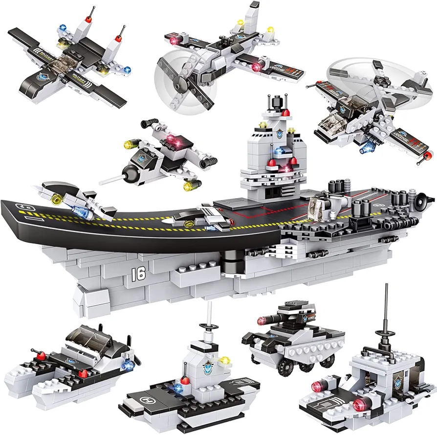 WishaLife 1320 Pieces Aircraft Carrier Building Blocks Set, Military Battleship Model Toy with Army Car, Helicopter & Boat, Military Toys Gift for Kids Boys Girls Age 6-12