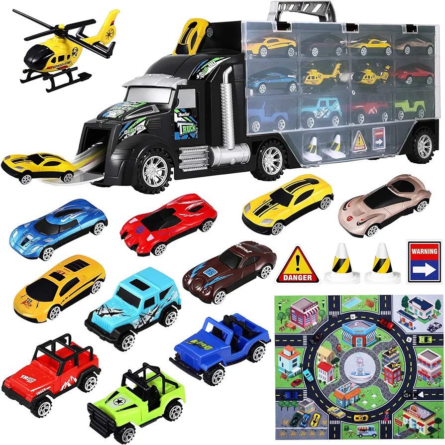 iBaseToy Toddler Toys Car for Boys: 18 Pieces Carrier Truck Transport Vehicles Toys with Carrying Case Helicopters Race Model Car Play Mat - Kids Toys Car Trucks Toy Set for Kids Boys Girls