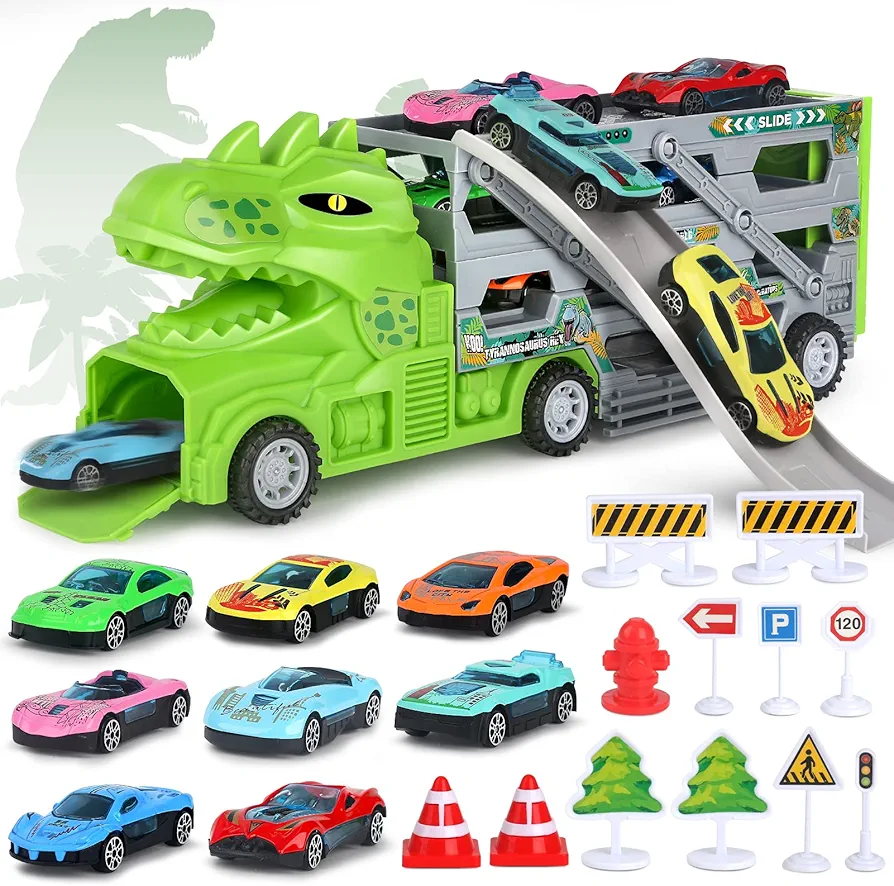 Dinosaur Car Toys for 2 Year Old Boy, Tyrannosaurus Rex Truck Toys with 2 Race Track and 8 Small Cars for Ages 2-4, 24 Pcs Gift Toys for 3 Year Old Boys