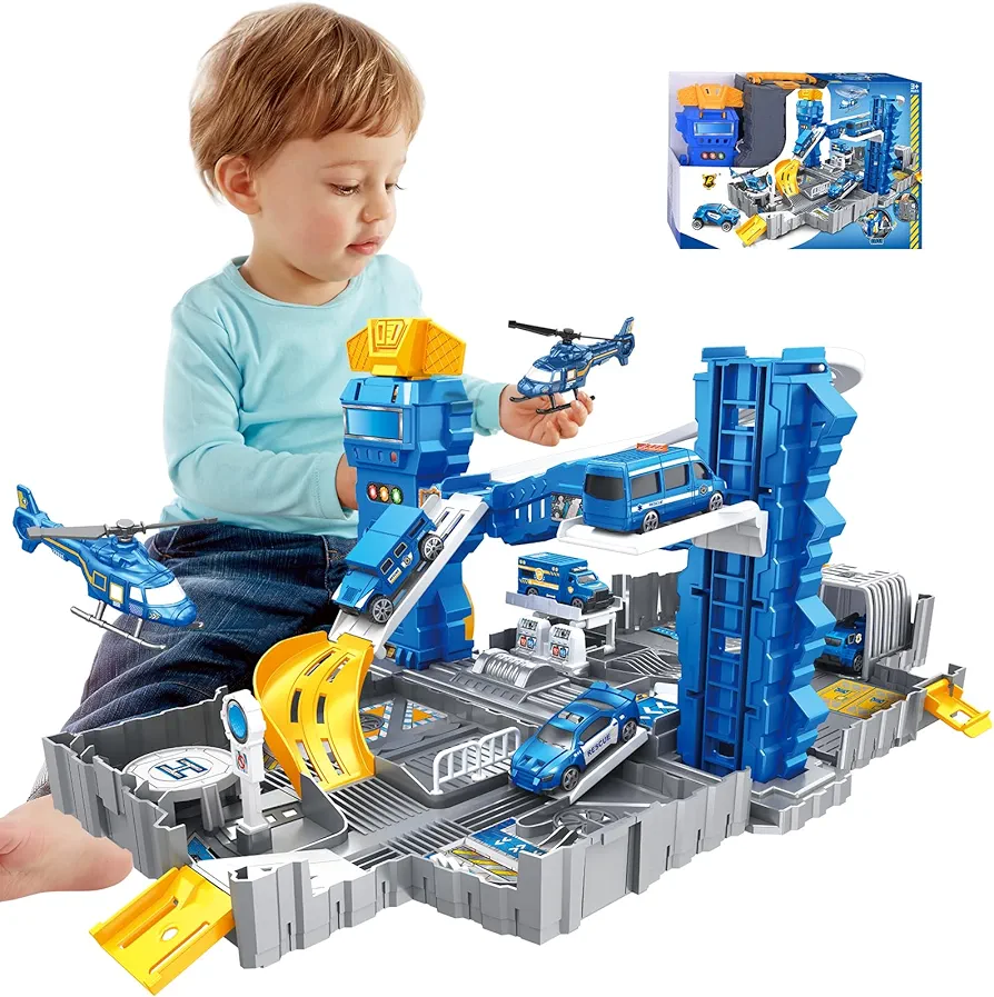 Police Garage Parking Lot for Boy - Portable Police Track Cars Playsets for Ages 3 4 5 6 7 8 Years Old Kid Birthday Gift for Child