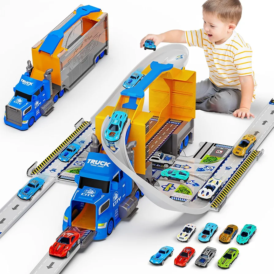 Carrier Truck Race Track Set, Toddler Car Toys for 2 3 4 5 6 Year Old Boy Birthday Gifts, 2 in1 Transport Toy Trucks W/Car Track, 8 Race Cars & 7 Road Sign, Boys Toys for Ages 2-4 3-5 4-6 5-7