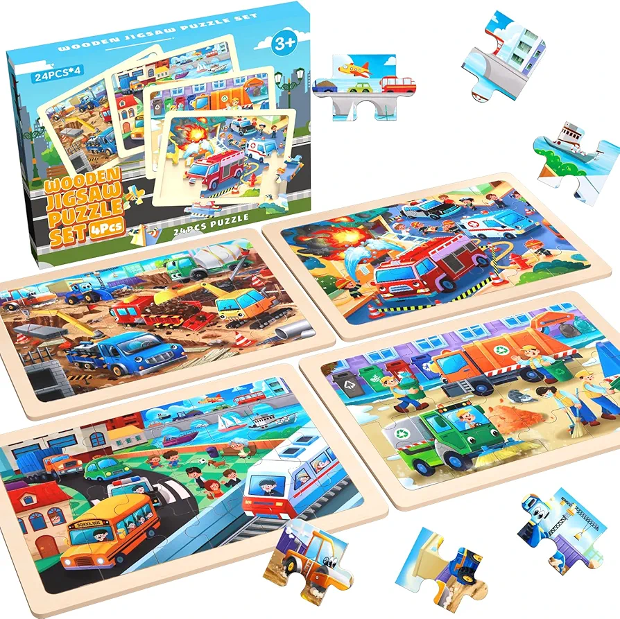 Puzzles for Kids Ages 4-6 - Wooden Puzzles for Kids Ages 3-5 City Life Jigsaw Puzzles Preschool Learning Educational Toys Puzzle Gifts for 3 4 5 6 Year Old Boys Toddlers, Kids Puzzles 4 Packs 24 Piece