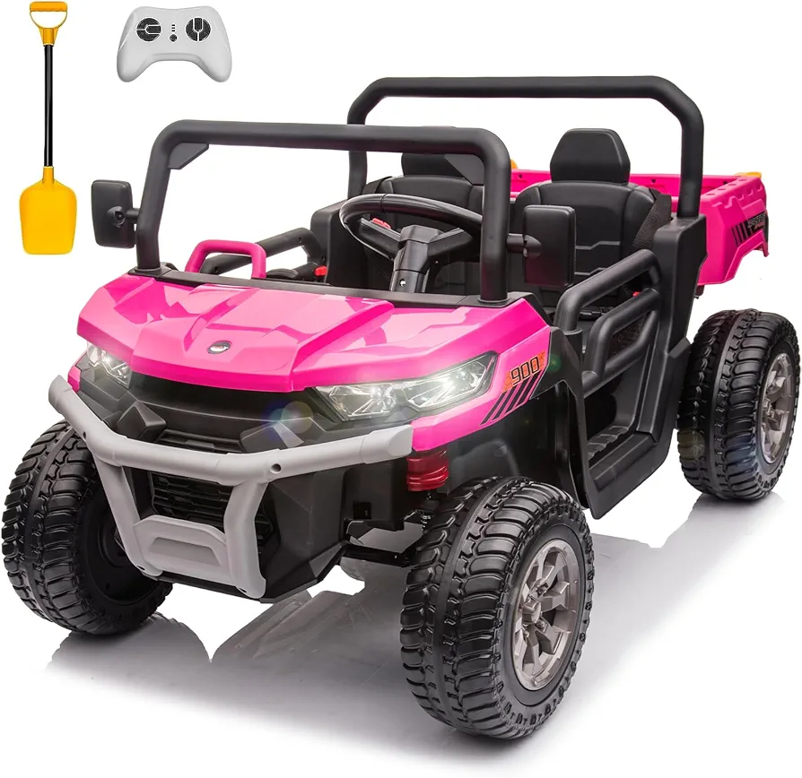 Sopbost 24V Ride On Toys for Big Kids 2 Seater Kids UTV with EVA Tire Wheels 4WD Side by Side Battery Powered Electric Cars Ride On Truck with Electric Dump Bed for Boys Girls, 4x75W, Shovel, Pink