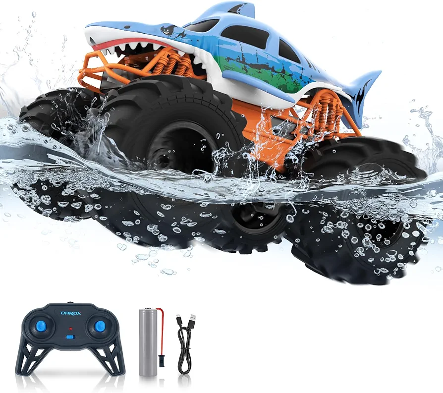 Amphibious Remote Control Car Boat, 1:18 Scale 4WD Shark Monster Truck Toys, 2.4GHz All Terrain Remote Control Car, 360 Degree Rotation, Pool Toy for Kids Ages 6-7 8-9 10-12 Boys & Girls