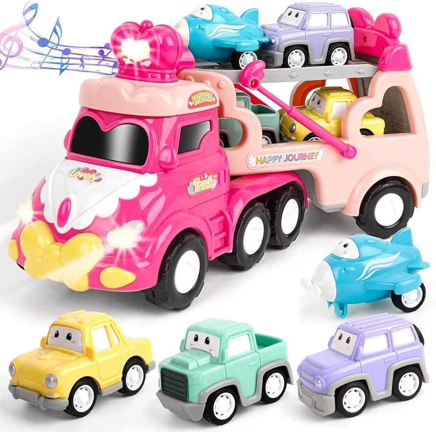 Toys for 1 2 3 Year Old Girl Pink Truck, 5-in-1 Carrier Truck Toys for Toddler Girl, Princess Toy Cars with Light & Sound, Birthday Gifts for 1 2 3 Year Old Girls