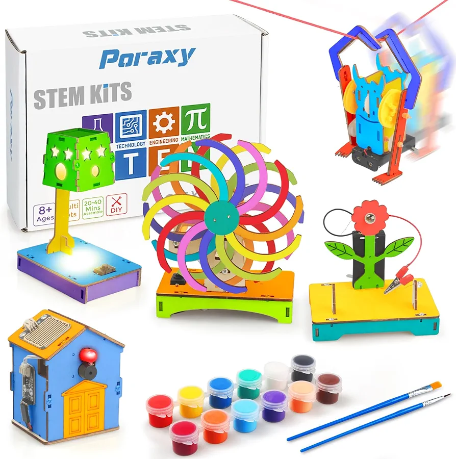 Poraxy 5 in 1 STEM Kits for Kids Age 8-10, Wooden 3D Puzzles, Arts Crafts Science Kits for 8-12, Educational Projects Building Toys, Birthday Gifts for Boys and Girls 7 8 9 10 11 12 13 14 Years Old