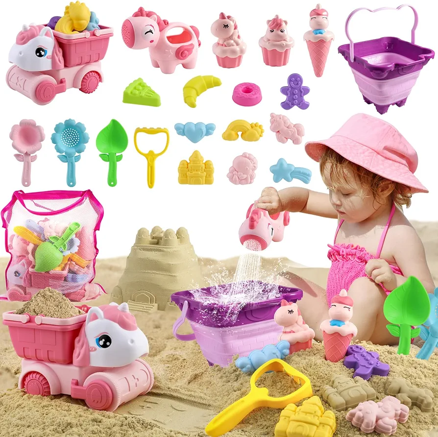 Mini Tudou Beach Toys Set for Girls, Sand Toys with Collapsible Castle Bucket, Sand Truck, Ice Cream Sand Molds, Shovels and Watering Can,Travel Sandbox Toy with Mesh Bag for Kids Toddlers 18 Month+