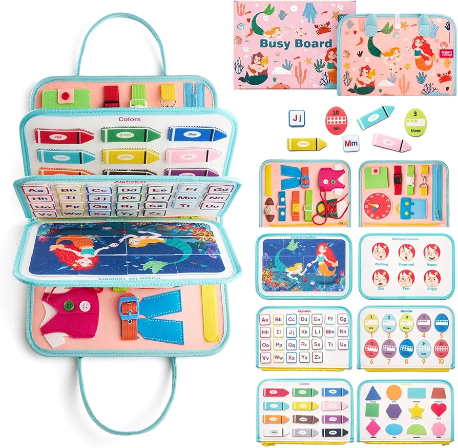 Busy Board Sensory Toys for Toddlers 1 2 3 4, Toddler Travel Activities Educational Toys, Montessori Toys for 2 3 4 Year Old Girls Gift, Mermaid