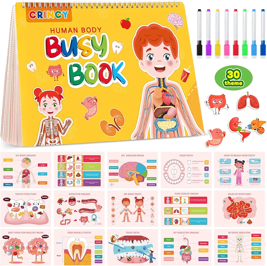 Montessori Busy Book for Toddlers 1-3 3-5, Preschool Learning Activities 30 Theme, Human Anatomy Busy Book for Kids, Autism Sensory Education Travel Toy Birthday Gifts for Boys and Girls 6 7 8 Years.