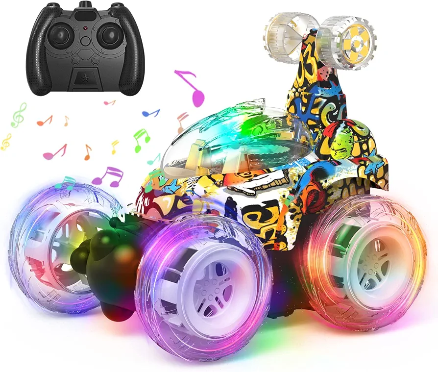 Kizeefun RC Stunt Car Invincible 360°Rolling Twister with Colorful Lights & Music Switch, Rechargeable Remote Control Car for Boys and Girls