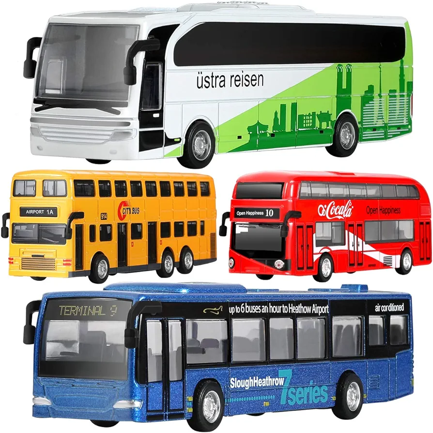 Geyiie School Bus Toy, Kids Die-Cast Metal Car Toys for Kids 3-8 Years Old Pull Back Car City Bus 1:80 Scale Double Decker London Vehicles, Cars Play Toys for Kids Easter Party Favor, Classroom Prizes